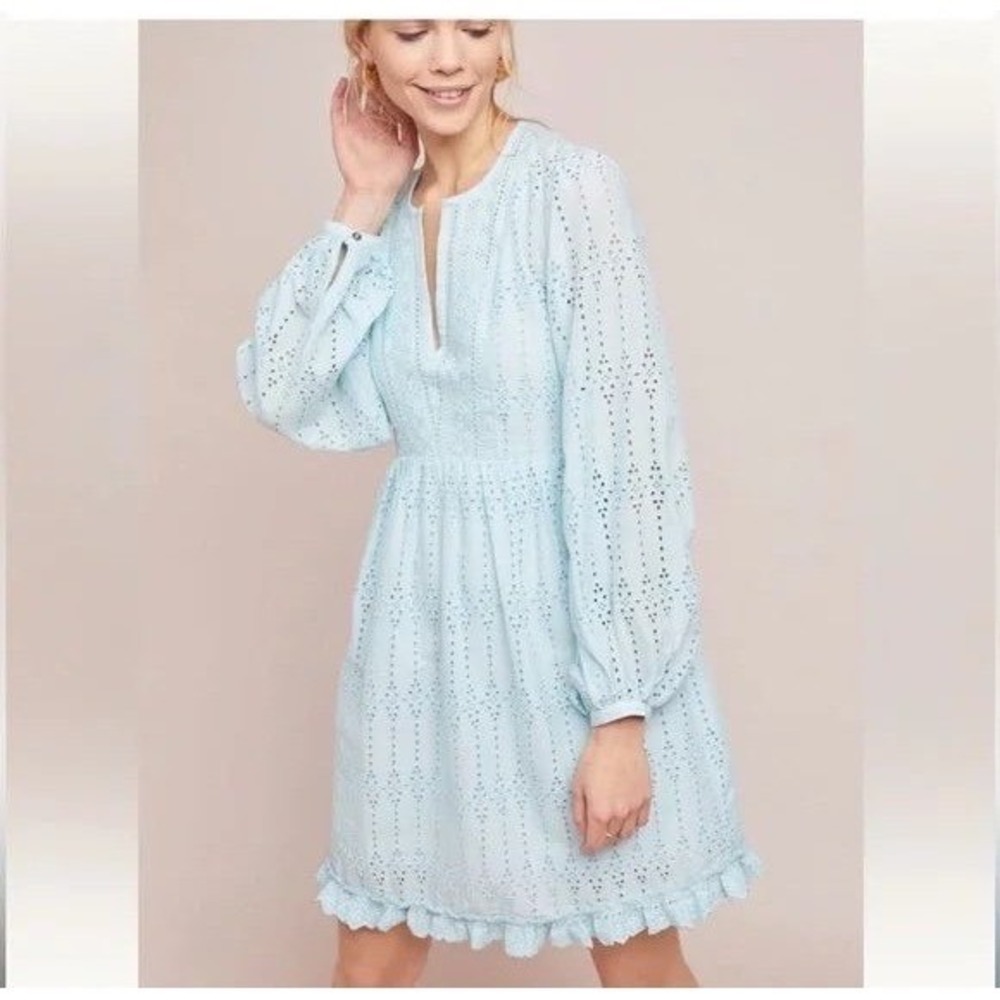 Anthropologie Eyelet Babydoll Dress 10 Boho Cottagecore‎ Coquette Pastel Country